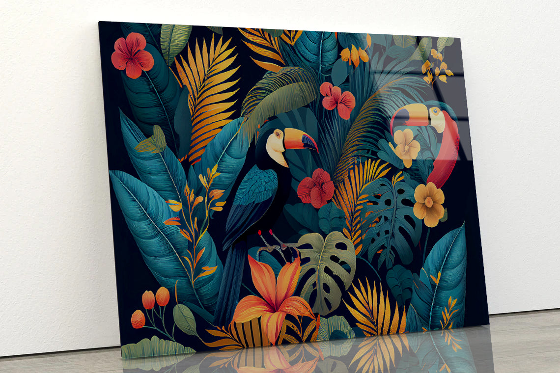 Painting Of Flowers, Leaves, & Birds Acrylic Glass Print Tempered Glass Wall Art 100% Made in Australia Ready to Hang - Bella Home Decor