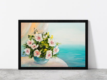 Bouquet Of Flowers On The Table Glass Framed Wall Art, Ready to Hang Quality Print Without White Border Black