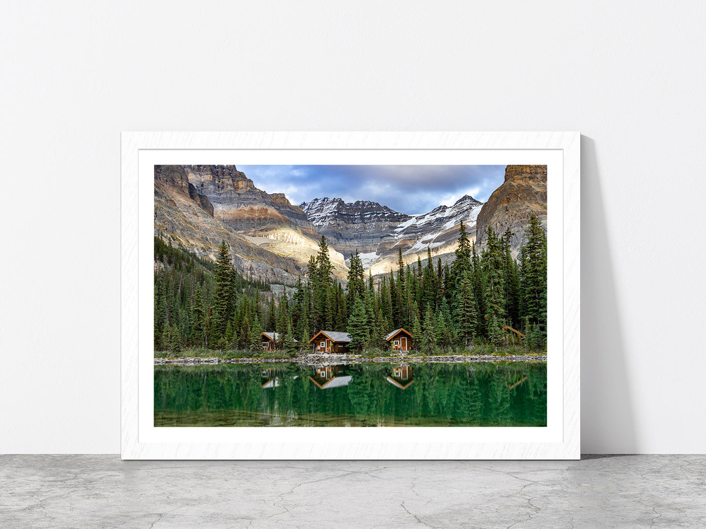 Lake With Mountain Peaks & Cabins Glass Framed Wall Art, Ready to Hang Quality Print With White Border White