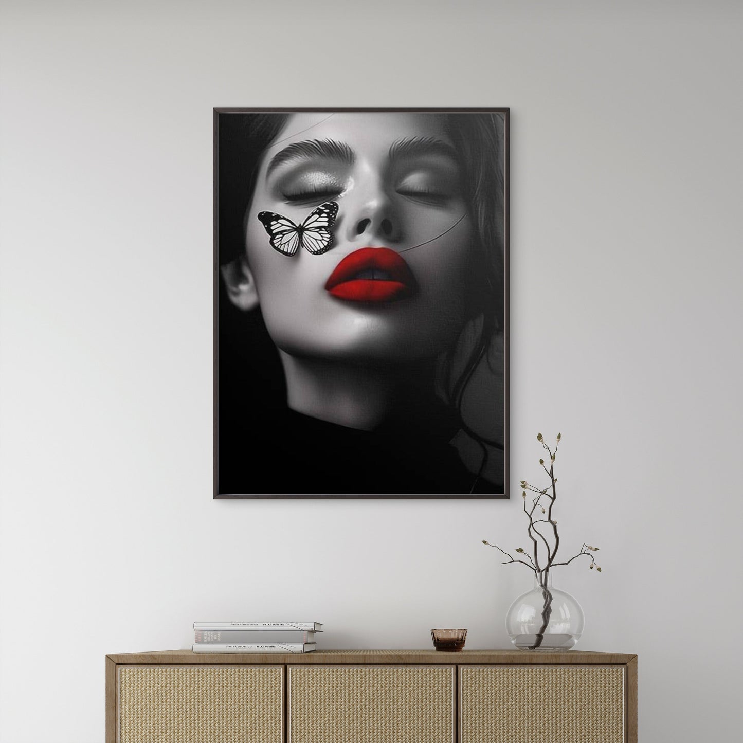 Black and White Woman Face Red Lips Butterfly Fashion Home Decor Premium Quality Poster Print Choose Your Sizes - Bella Home Decor