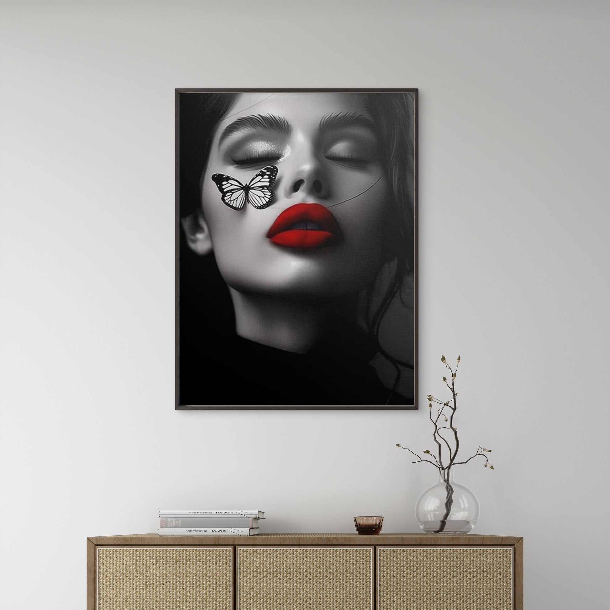 Black and White Woman Face Red Lips Butterfly Fashion Home Decor Premium Quality Poster Print Choose Your Sizes - Bella Home Decor