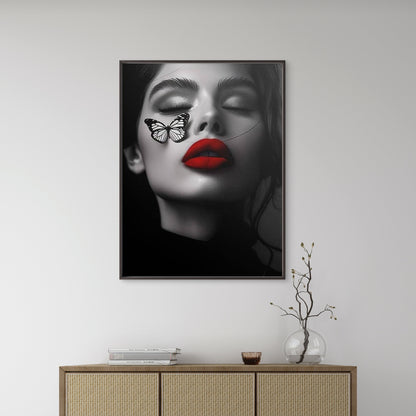 Black and White Woman Face Red Lips Butterfly Fashion Home Decor Premium Quality Poster Print Choose Your Sizes - Bella Home Decor