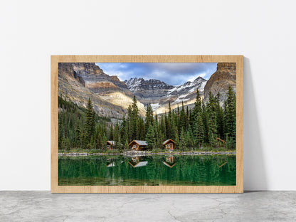 Lake With Mountain Peaks & Cabins Glass Framed Wall Art, Ready to Hang Quality Print Without White Border Oak