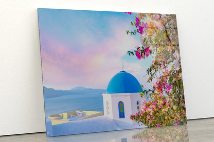 Bougainvillea Tree in Santorini Acrylic Glass Print Tempered Glass Wall Art 100% Made in Australia Ready to Hang - Bella Home Decor