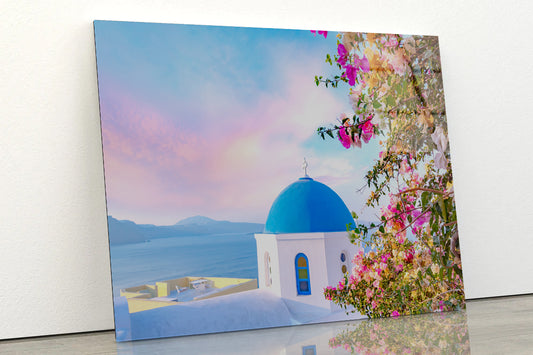 Bougainvillea Tree in Santorini Acrylic Glass Print Tempered Glass Wall Art 100% Made in Australia Ready to Hang - Bella Home Decor