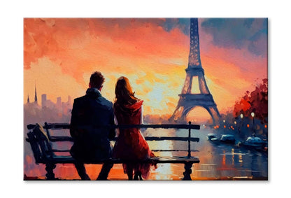 Romantic Couple Looking at Sunset & Eiffel Tower In Paris Wall Art Limited Edition High Quality Print