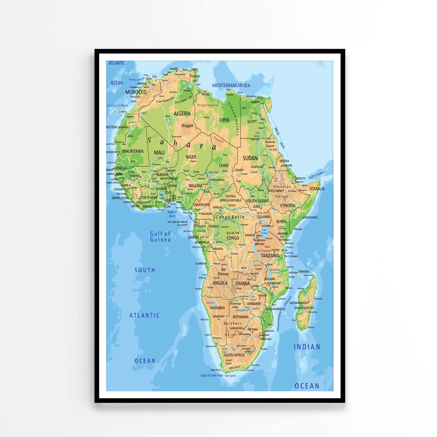 High Detailed Africa Physical Map Home Decor Premium Quality Poster Print Choose Your Sizes