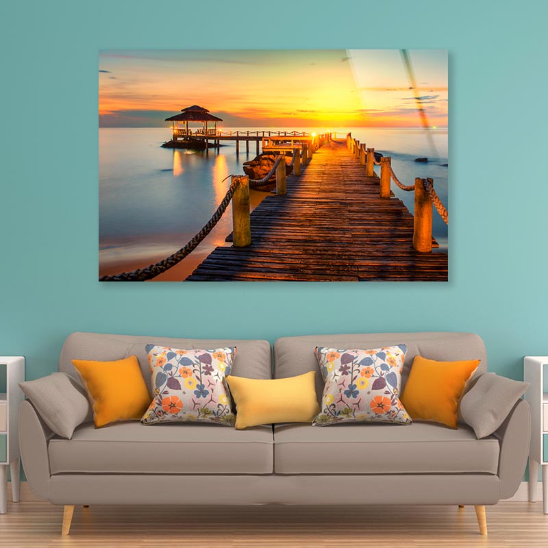 Wooden Pier Between Sunset in Phuket, Thailand Acrylic Glass Print Tempered Glass Wall Art 100% Made in Australia Ready to Hang