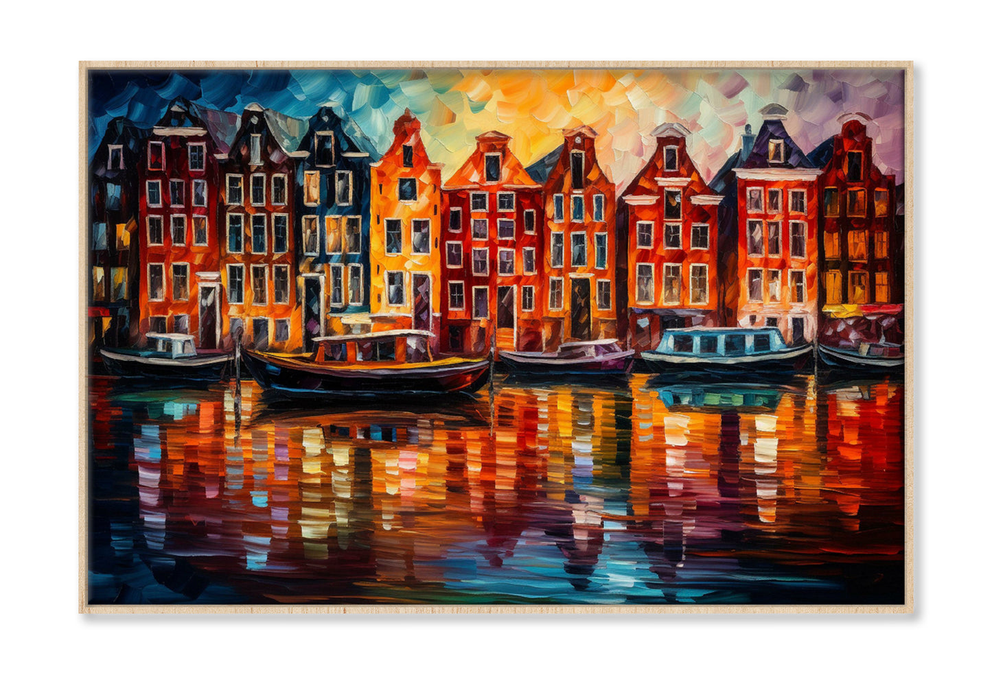 Amsterdam Boats Canals & Houses Oil Painting Wall Art Limited Edition High Quality Print Canvas Box Framed Natural