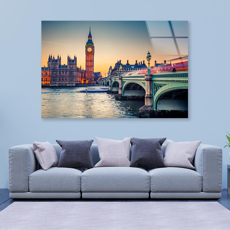 Big Ben and Westminster Bridge at Dusk  Acrylic Glass Print Tempered Glass Wall Art 100% Made in Australia Ready to Hang