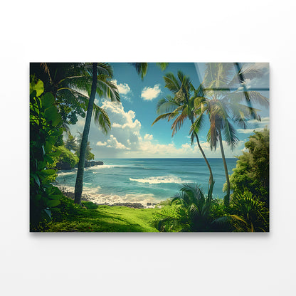 Tropical Beach with Palm Trees under Sky Acrylic Glass Print Tempered Glass Wall Art 100% Made in Australia Ready to Hang - Bella Home Decor