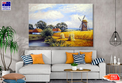 Mill Wheat Field & Village Houses Oil Painting Wall Art Limited Edition High Quality Print