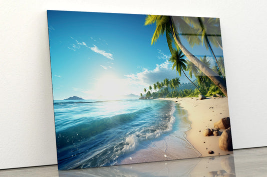 Beach with Sky & Palm Trees Acrylic Glass Print Tempered Glass Wall Art 100% Made in Australia Ready to Hang