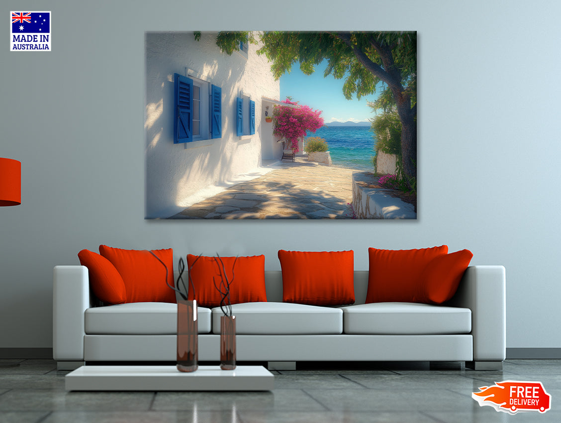 White Building with Blue Shutters, Trees Print 100% Australian Made - Bella Home Decor