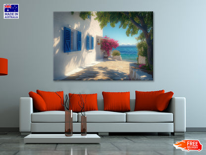 White Building with Blue Shutters, Trees Print 100% Australian Made - Bella Home Decor