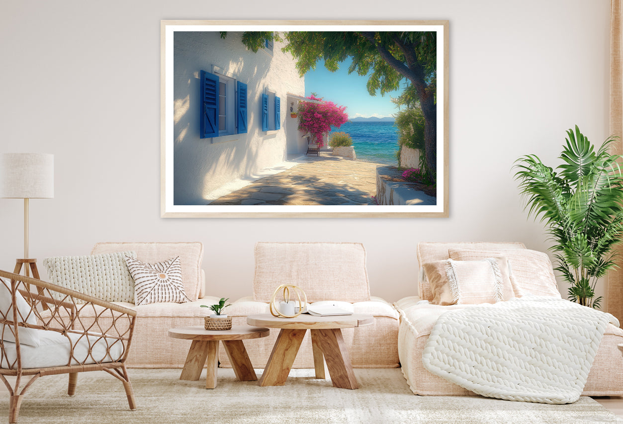 White Building with Blue Shutters, Trees Home Decor Premium Quality Poster Print Choose Your Sizes