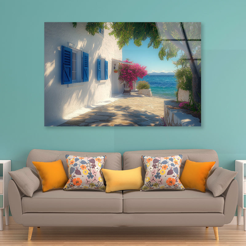 White Building with Blue Shutters, Trees Acrylic Glass Print Tempered Glass Wall Art 100% Made in Australia Ready to Hang - Bella Home Decor