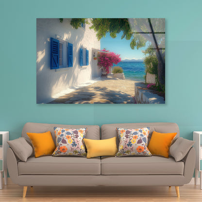White Building with Blue Shutters, Trees Acrylic Glass Print Tempered Glass Wall Art 100% Made in Australia Ready to Hang - Bella Home Decor
