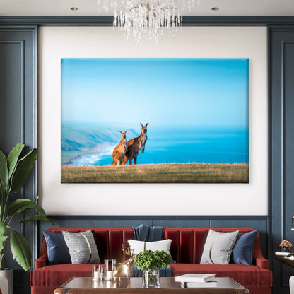 Two Kangaroos Standing Atop the Sea Facing Cliffs of Kangaroo Island Australia Wall Art Decor 100% Australian Made