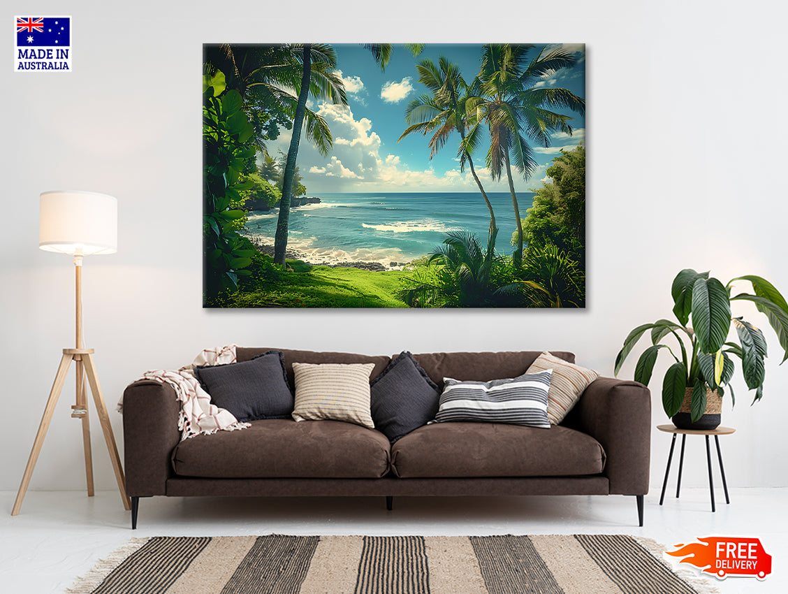 Tropical Beach with Palm Trees under Sky Print 100% Australian Made - Bella Home Decor