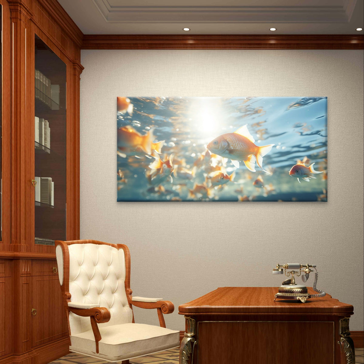 Goldfish Underwater Swimming Sunbeams Liquid Light Wall Art Canvas Office Home Framed 120x60cm