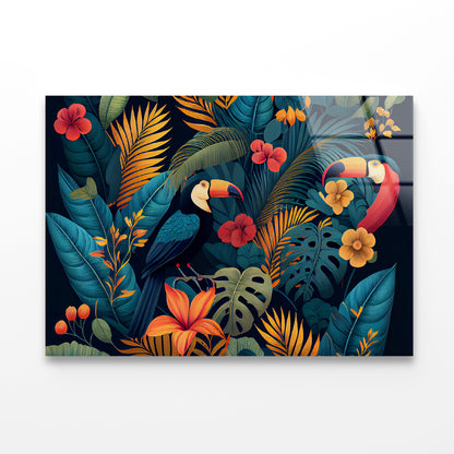 Painting Of Flowers, Leaves, & Birds Acrylic Glass Print Tempered Glass Wall Art 100% Made in Australia Ready to Hang - Bella Home Decor