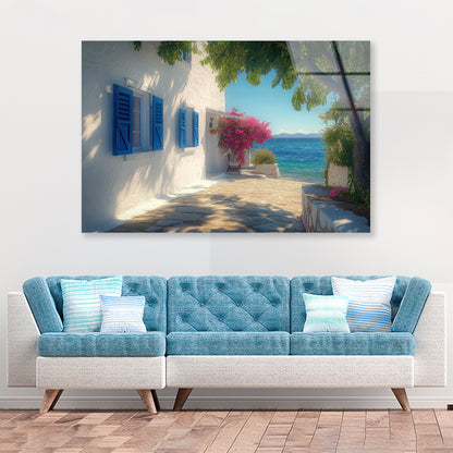 White Building with Blue Shutters, Trees Acrylic Glass Print Tempered Glass Wall Art 100% Made in Australia Ready to Hang - Bella Home Decor