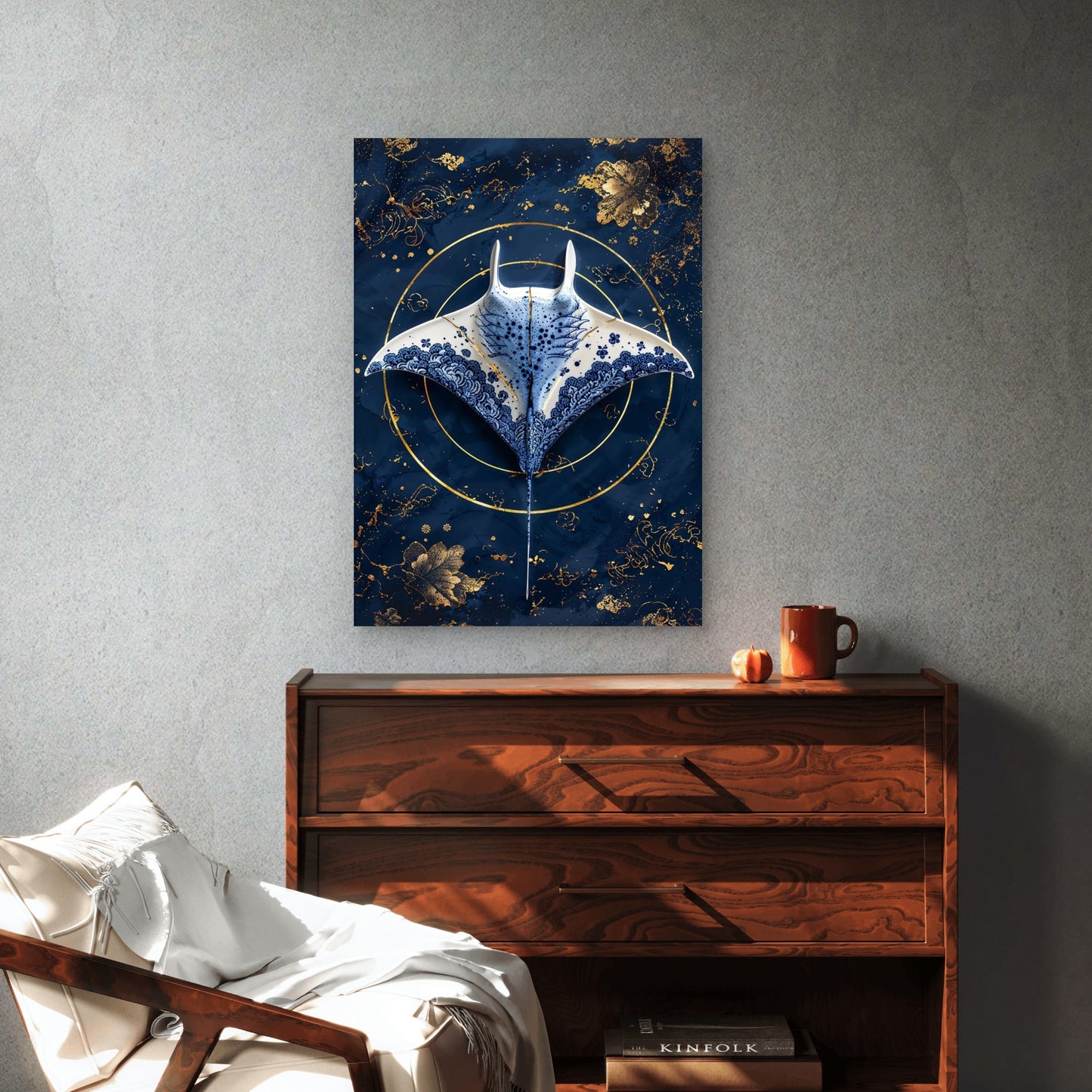 Kintsugi Blue Manta Ray Metal Print Ready to Hang - Bella Home Decor