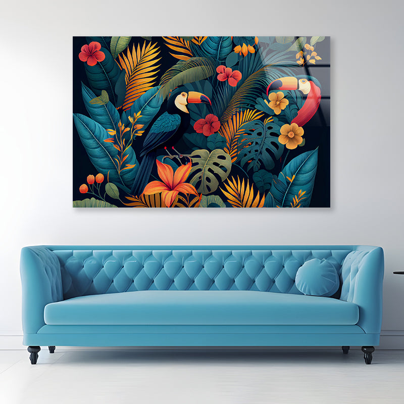 Painting Of Flowers, Leaves, & Birds Acrylic Glass Print Tempered Glass Wall Art 100% Made in Australia Ready to Hang - Bella Home Decor