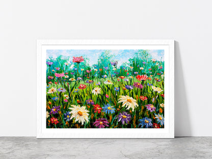 Wildflowers On Meadow Oil Painting Glass Framed Wall Art, Ready to Hang Quality Print With White Border White