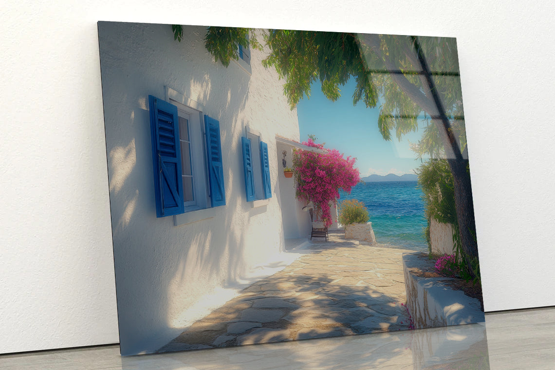 White Building with Blue Shutters, Trees Acrylic Glass Print Tempered Glass Wall Art 100% Made in Australia Ready to Hang - Bella Home Decor