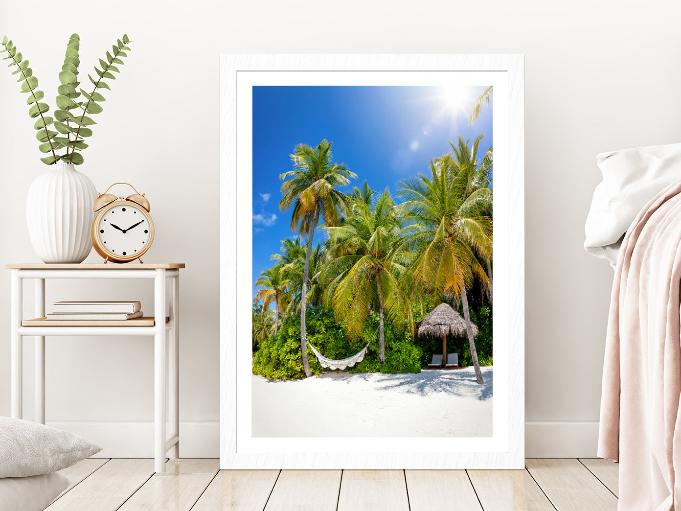 Hammock on Palm Trees & Hut Paradise Beach Glass Framed Wall Art, Ready to Hang Quality Print With White Border White