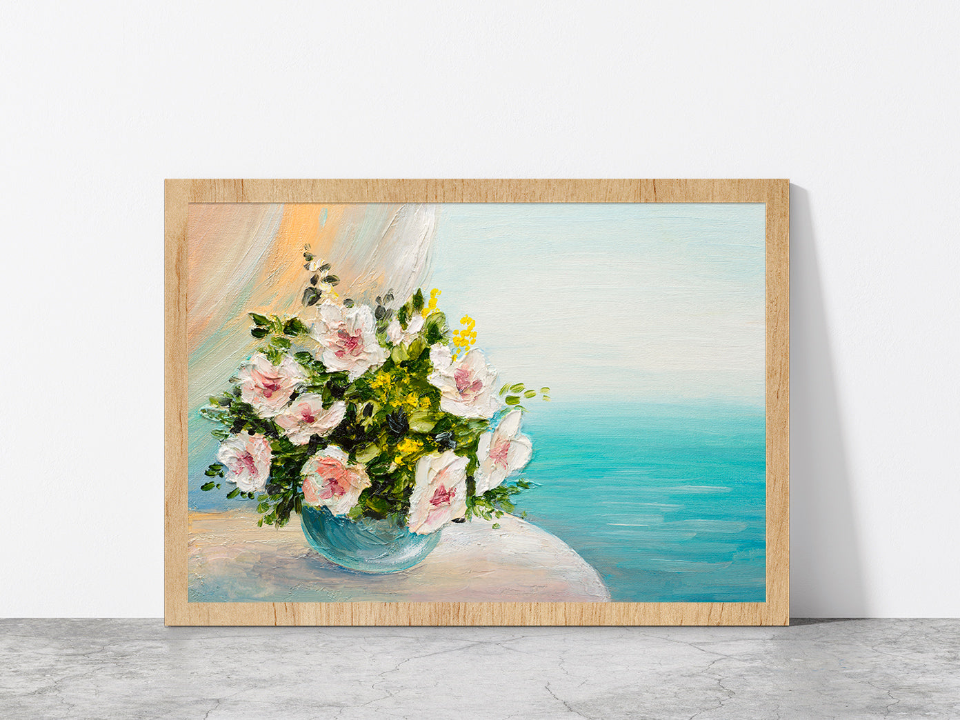 Bouquet Of Flowers On The Table Glass Framed Wall Art, Ready to Hang Quality Print Without White Border Oak