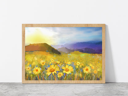 Daisy Flower Blossom, Warm Light Of The Sunset & Hill Glass Framed Wall Art, Ready to Hang Quality Print Without White Border Oak