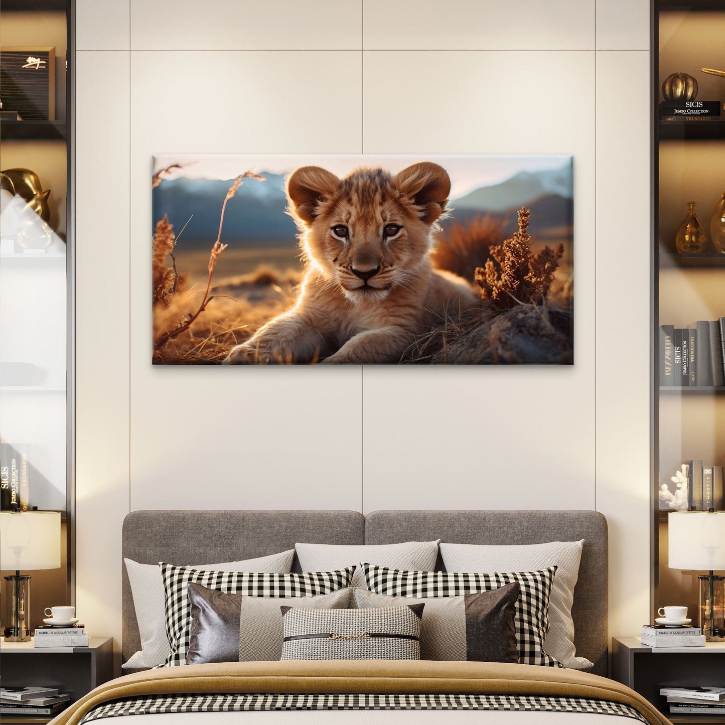 Cute Lion Cub Safari Wildlife Savannah Animal Wall Art Canvas Office Home Room Framed 120x60cm