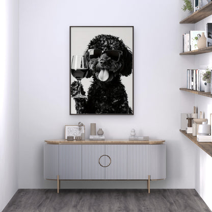 Black White Dog with Trendy Glasses and Wine Glass Fashion Home Decor Premium Quality Poster Print Choose Your Sizes