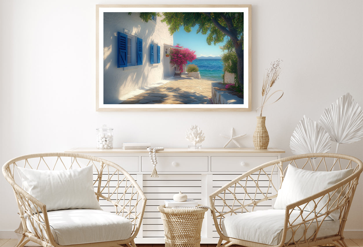 White Building with Blue Shutters, Trees Home Decor Premium Quality Poster Print Choose Your Sizes