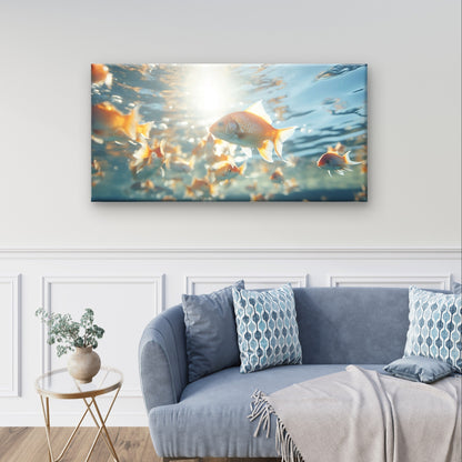Goldfish Underwater Swimming Sunbeams Liquid Light Wall Art Canvas Office Home Framed 120x60cm