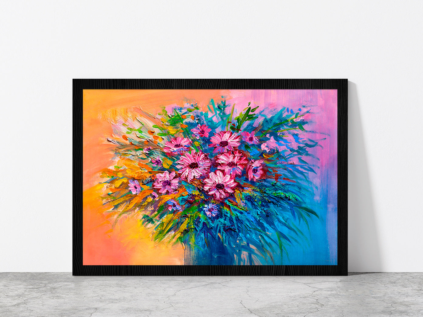 Colorful Bouquet Of Flowers Glass Framed Wall Art, Ready to Hang Quality Print Without White Border Black