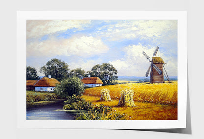 Mill Wheat Field & Village Houses Oil Painting Wall Art Limited Edition High Quality Print Unframed Roll Canvas None