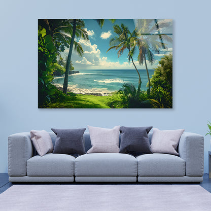 Tropical Beach with Palm Trees under Sky Acrylic Glass Print Tempered Glass Wall Art 100% Made in Australia Ready to Hang - Bella Home Decor