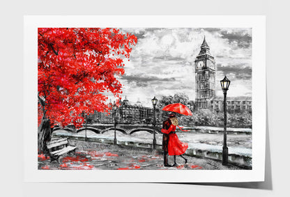 Red Tree & Couple near Big Ben Bridge & River Painting Wall Art Limited Edition High Quality Print Unframed Roll Canvas None