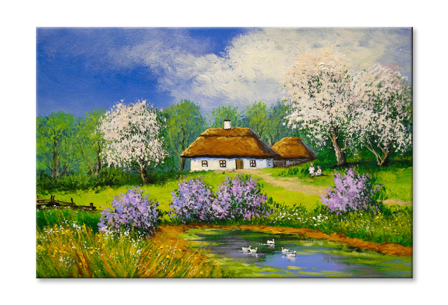 Pond near Houses & Garden Cloudy Sky Oil Painting Wall Art Limited Edition High Quality Print Stretched Canvas None