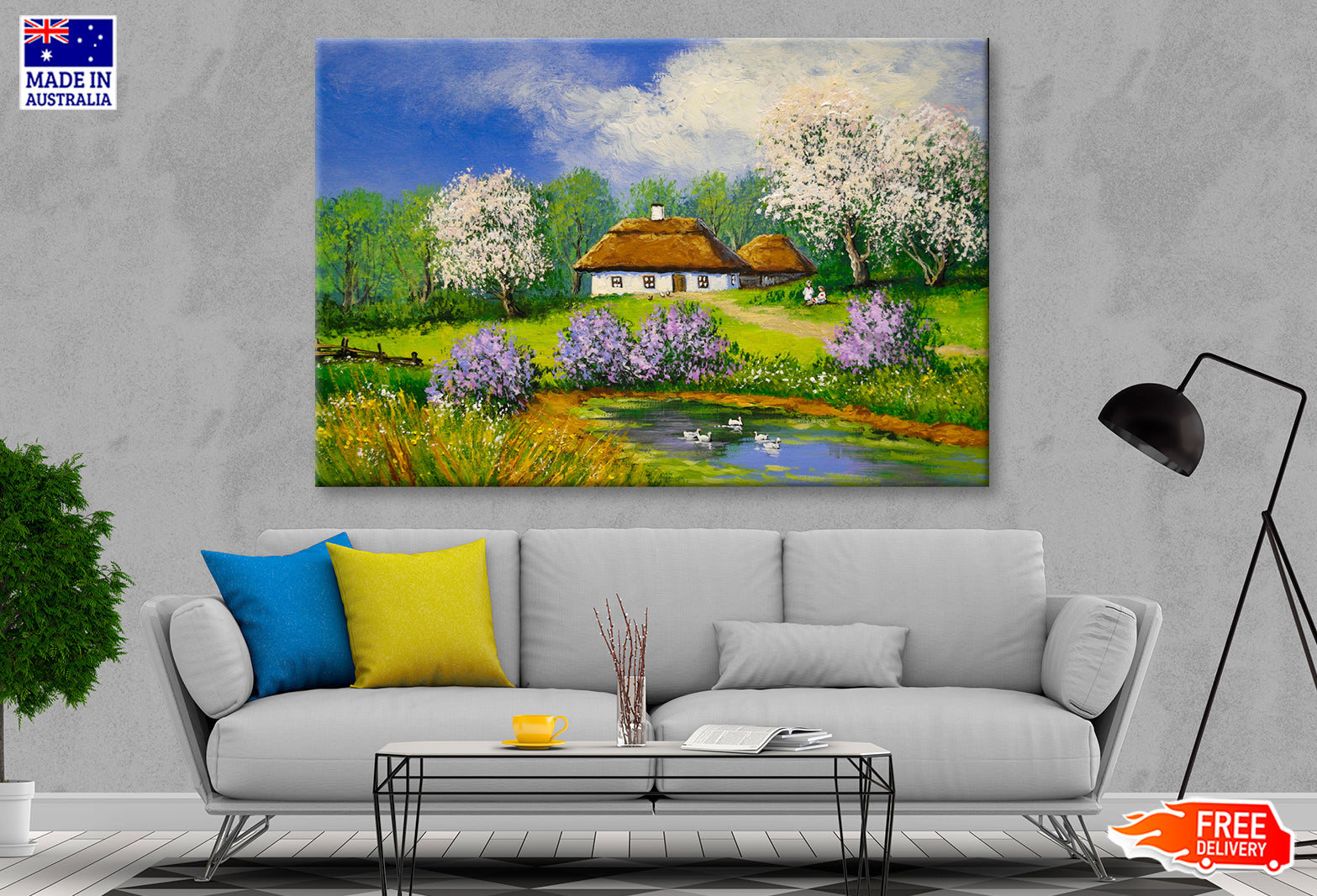 Pond near Houses & Garden Cloudy Sky Oil Painting Wall Art Limited Edition High Quality Print