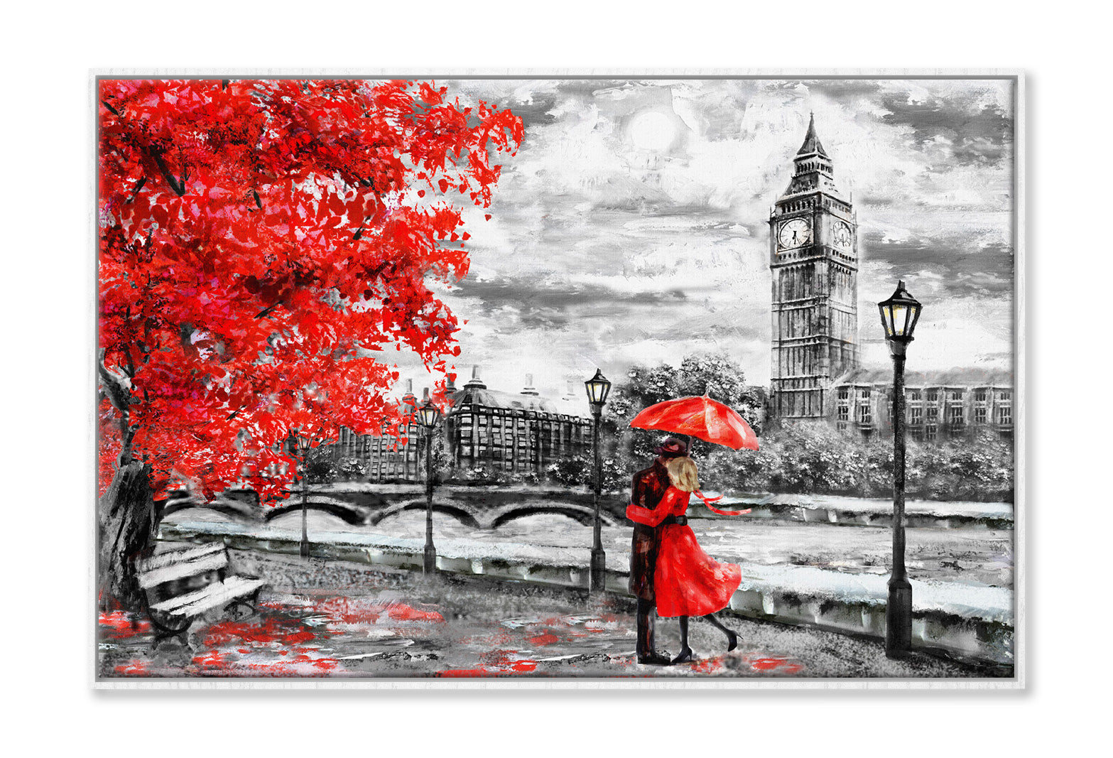 Red Tree & Couple near Big Ben Bridge & River Painting Wall Art Limited Edition High Quality Print Canvas Box Framed White