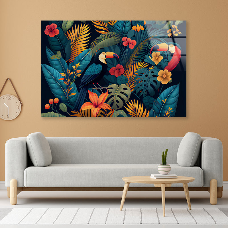 Painting Of Flowers, Leaves, & Birds Acrylic Glass Print Tempered Glass Wall Art 100% Made in Australia Ready to Hang - Bella Home Decor