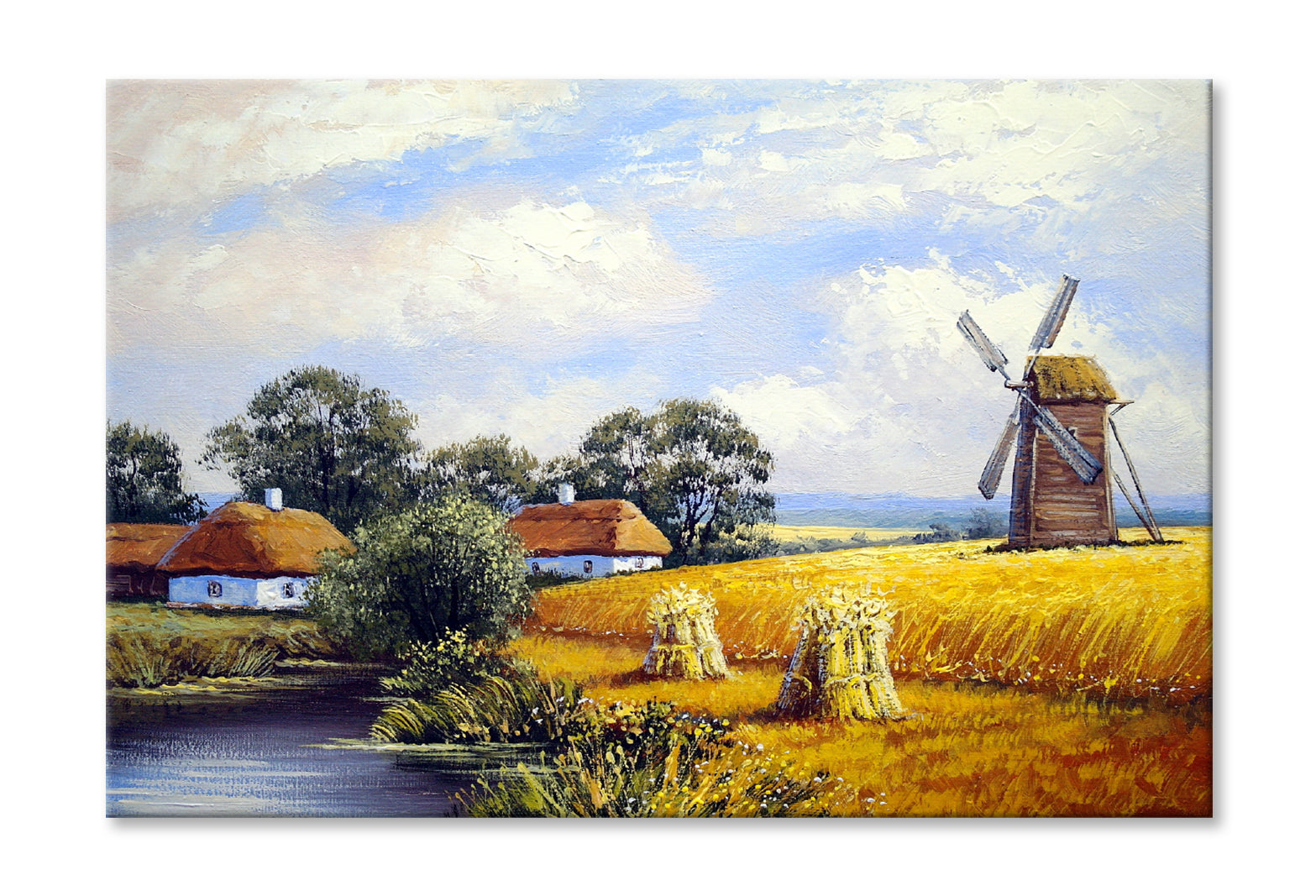 Mill Wheat Field & Village Houses Oil Painting Wall Art Limited Edition High Quality Print Stretched Canvas None