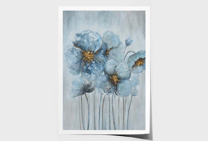 Light Blue Flowers, Gold Blooming Wall Art Limited Edition High Quality Print