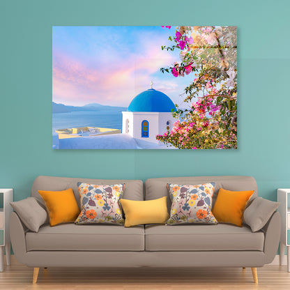 Bougainvillea Tree in Santorini Acrylic Glass Print Tempered Glass Wall Art 100% Made in Australia Ready to Hang - Bella Home Decor