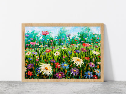 Wildflowers On Meadow Oil Painting Glass Framed Wall Art, Ready to Hang Quality Print Without White Border Oak